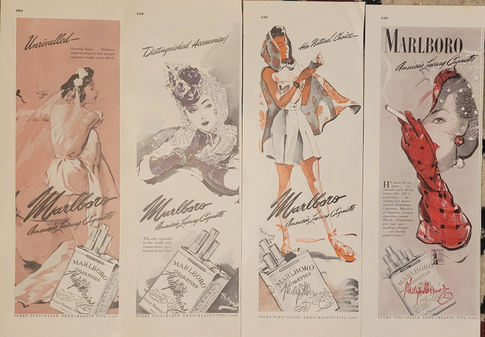 Collection of 4 UNCOMMON 1942 Marlboro Ads- Ivory & Beauty Tips- 5x14 WWII Era