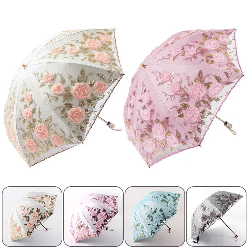 Embroidery Flower Lace Umbrella Parasol 2/3 Folding Sunshade Anti-UV Rainproof.