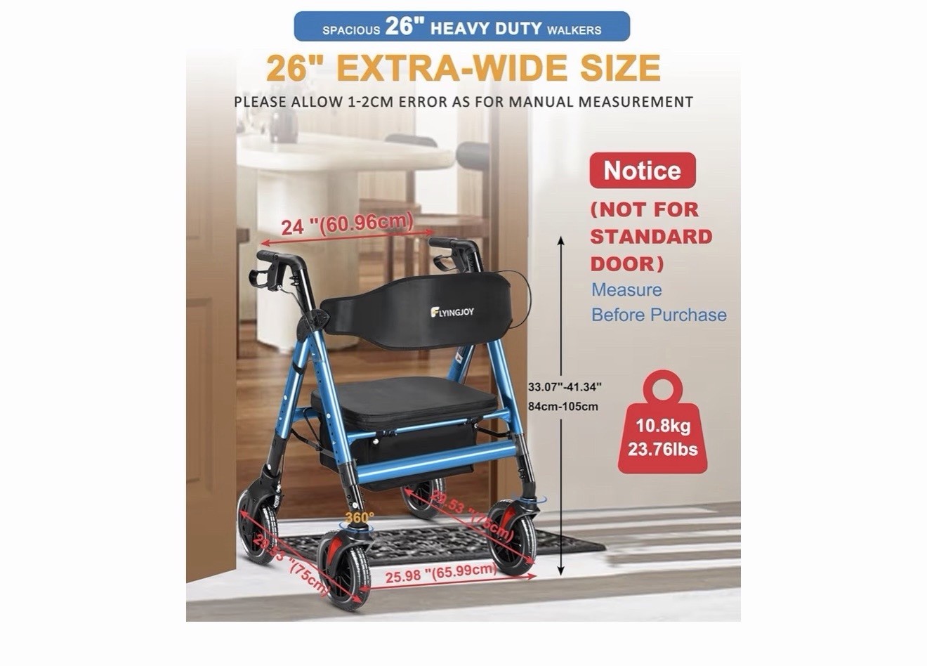 Rollator Walker with Seat,450Lb Rolling Walker Extra-Wide Heavy-Duty Rollator