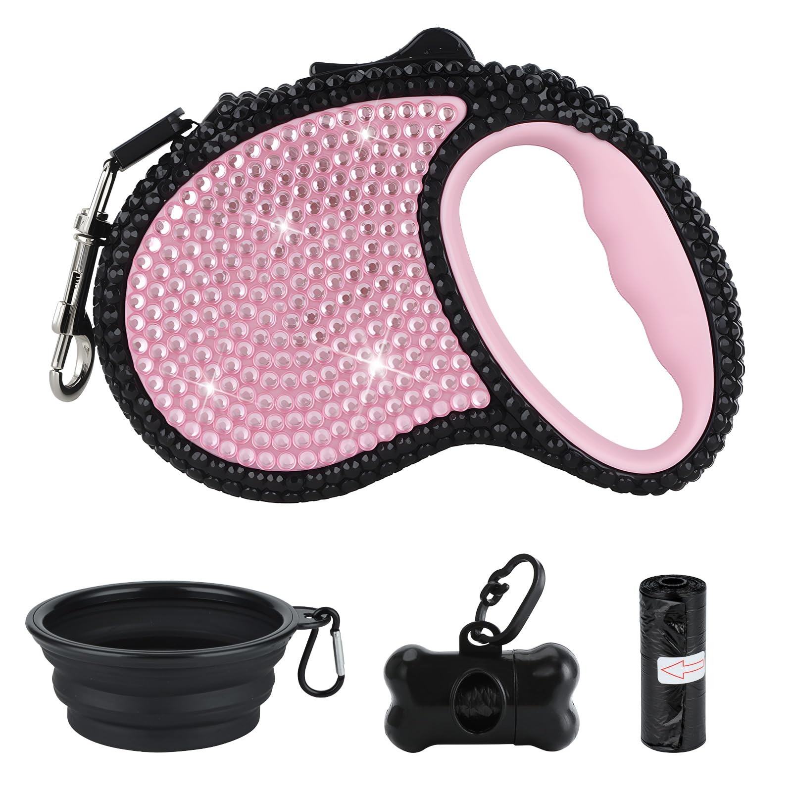 Bling Crystal Retractable Dog Leash Lightweight 10FT Leash with Folding BowlD...