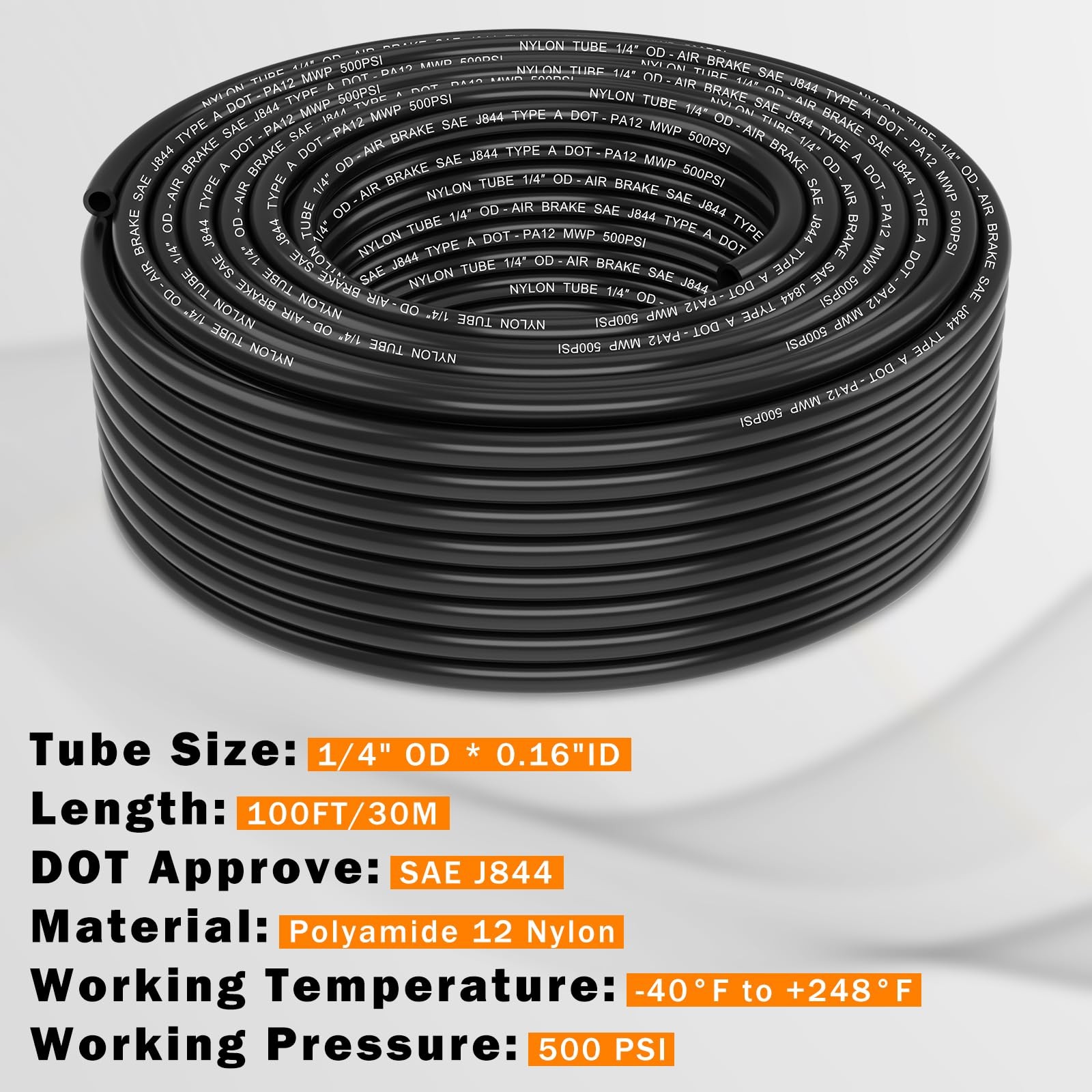 CheeMuii 100 FT 1/4 DOT Air Line 1/4" PA12 Nylon 1/4"OD-100FT, Black