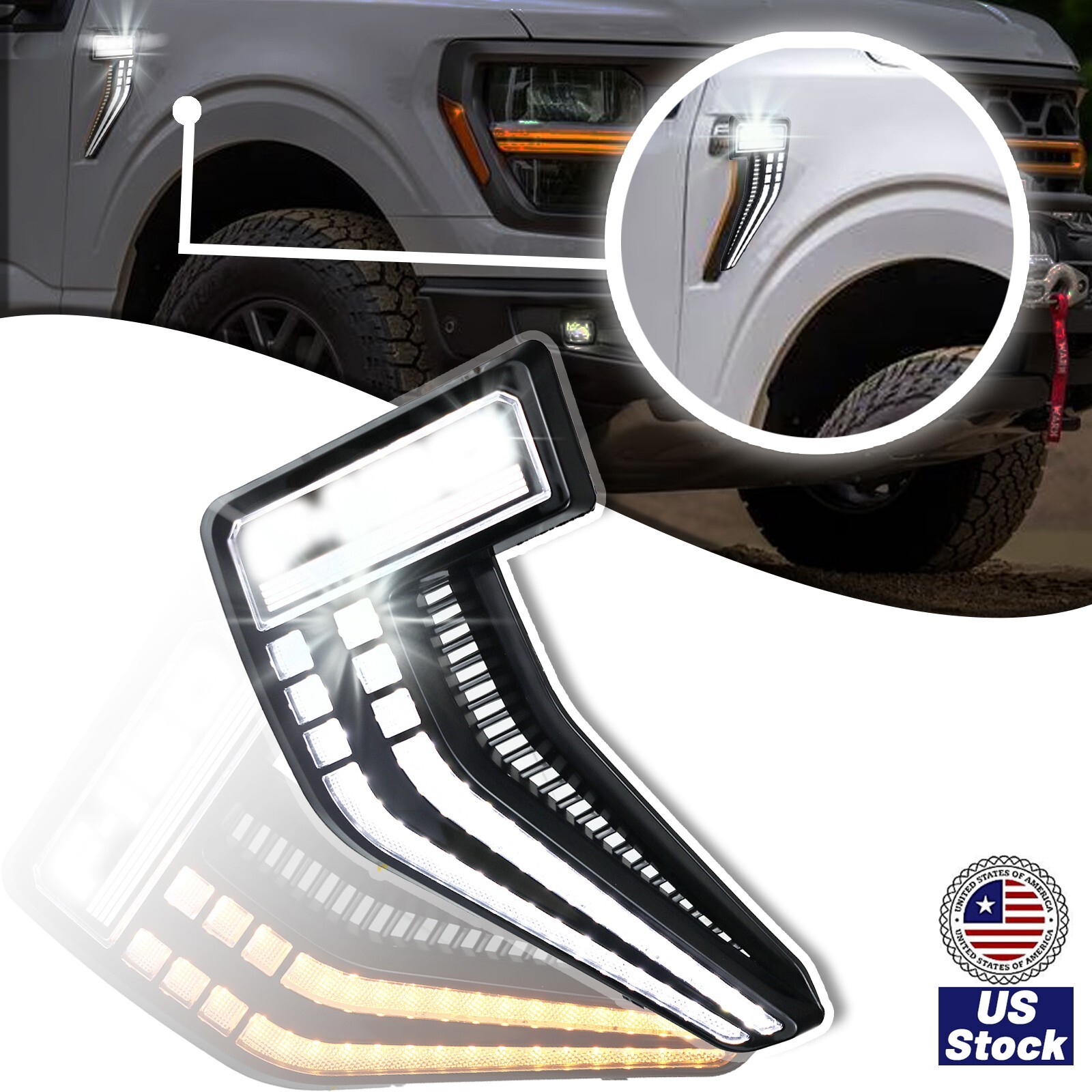 For Ford F-150 F150 2021-2023 DRL LED Fender Vent Side Marker Light Turn Signal