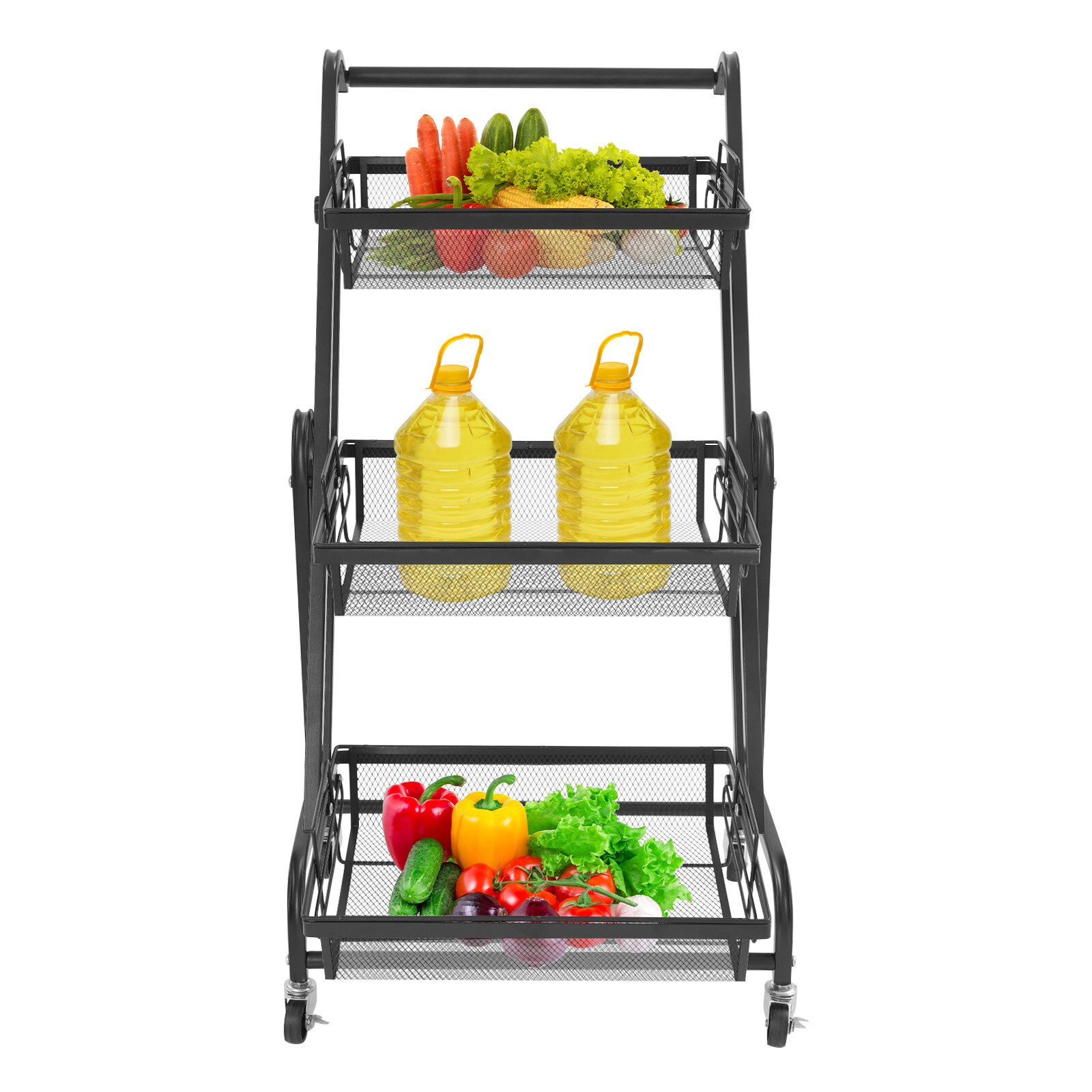 3-Tier Adjustable Metal Rolling Utility Cart, Multi-Functional Storage Cart