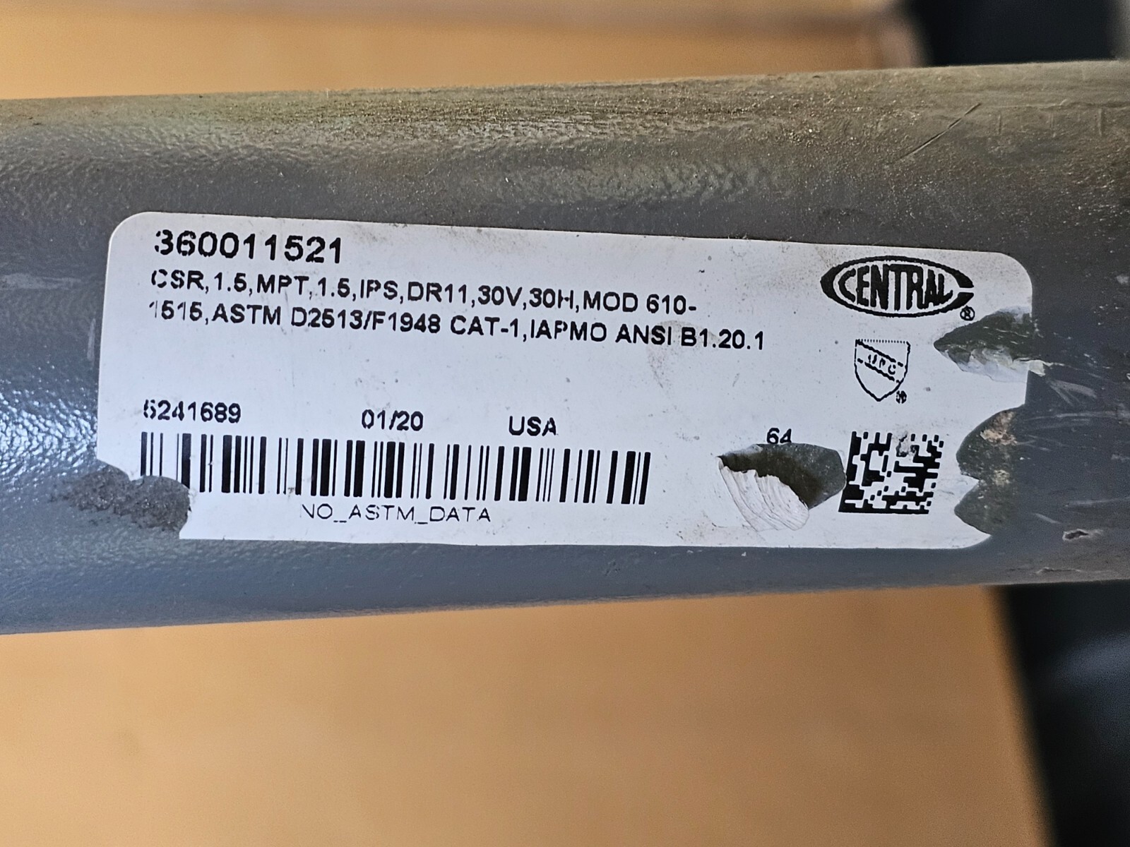 Central Plastics 360011521 1.5, IPS, DR11,D2513 Gas Compression Riser Gray