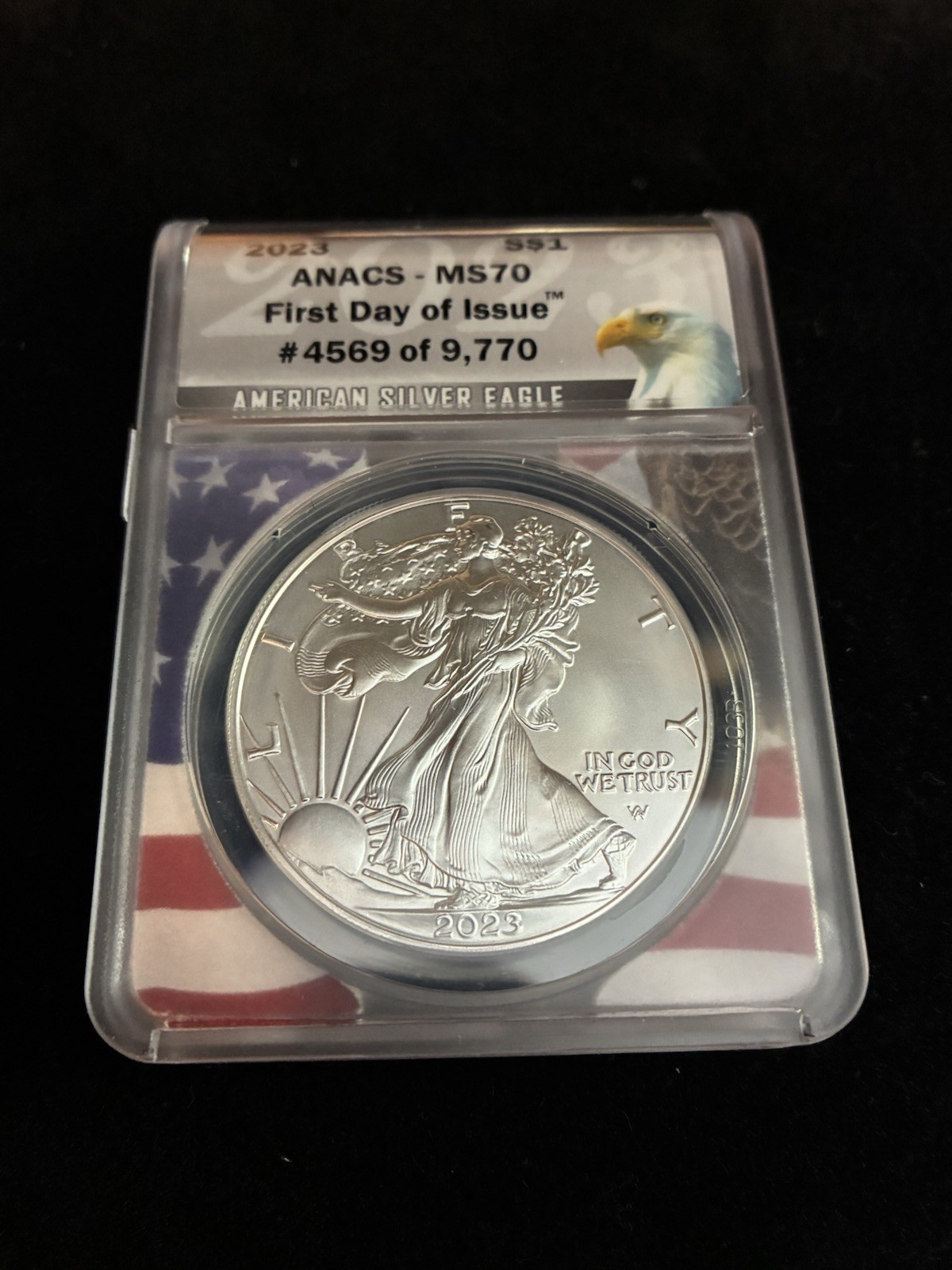 2023 American Silver Eagle ANACS MS70 First Day of Issue