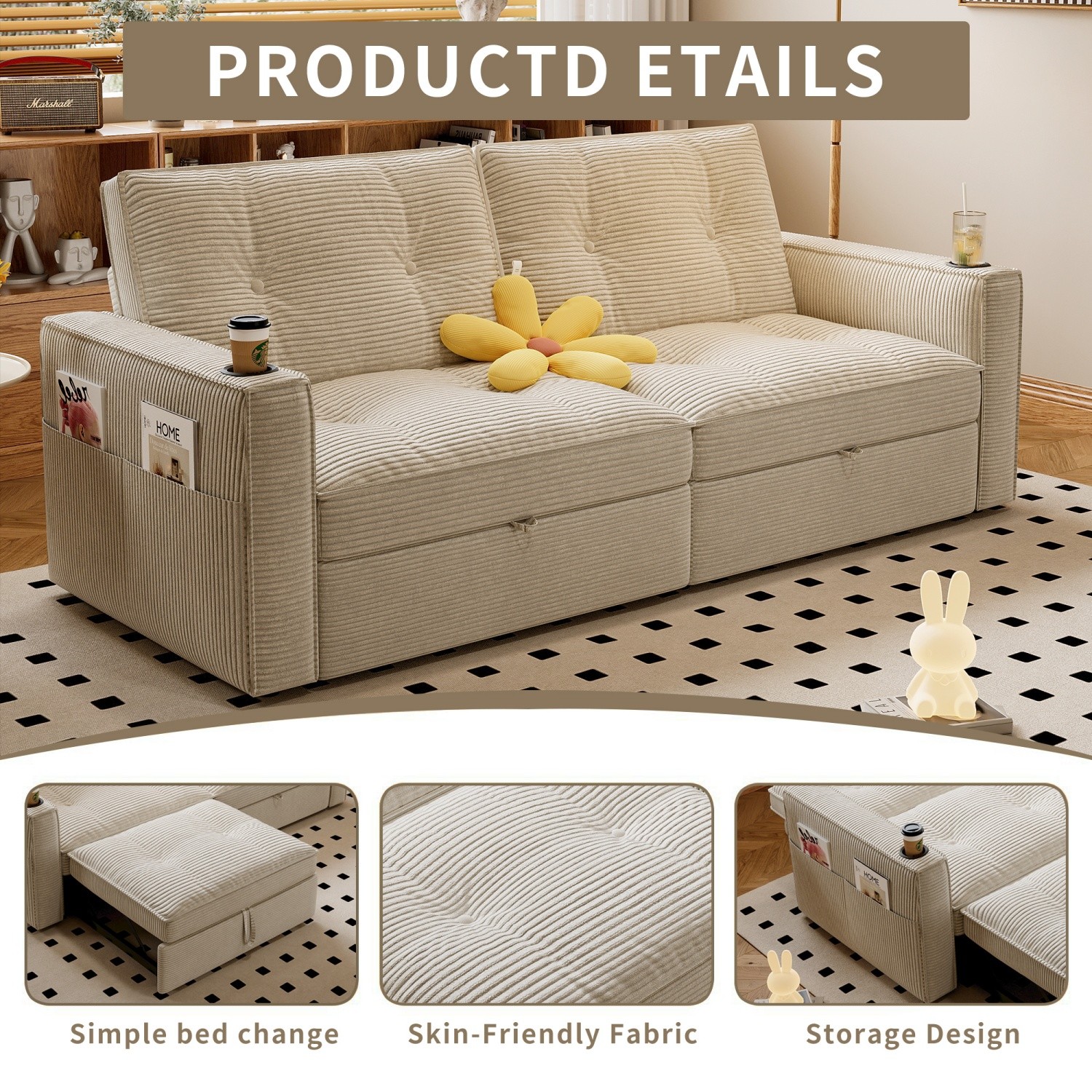 Modern Reclining Loveseat 2-in-1 Folding Sofa Bed w/ Cup Holders for Small Space