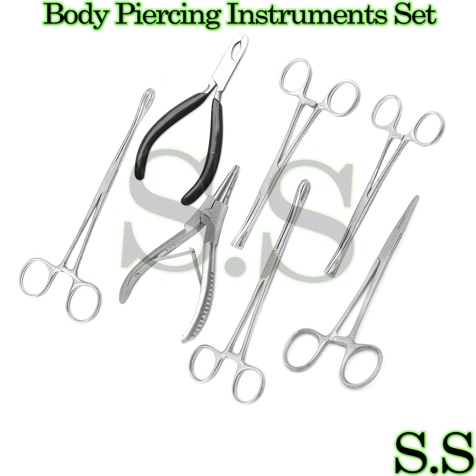 7 Body Piercing Instruments Kit Tools Penington Sponge Forceps, Skin Jewelry set