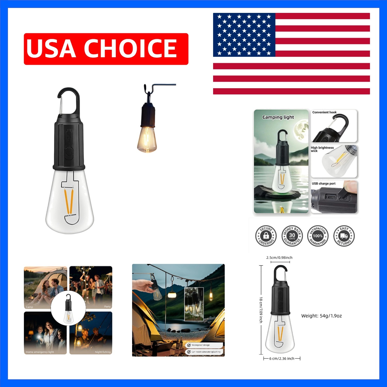 Portable LED Camping Lantern，Hang Anywhere Hook, USB-C Rechargeable, 3 Bright...