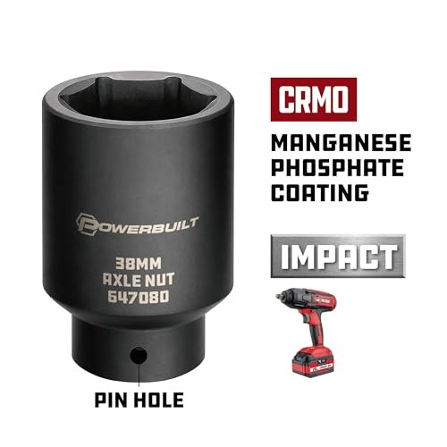 Axle Nut Socket, 1/2 Inch Drive, Use with Impact Wrench, 12 Point, Remove 38mm