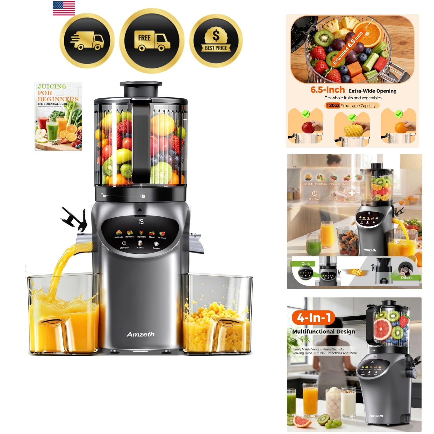Juicer Machines with Large Chute 4-in-1 Cold Press Juicer for Fruits Vegetables