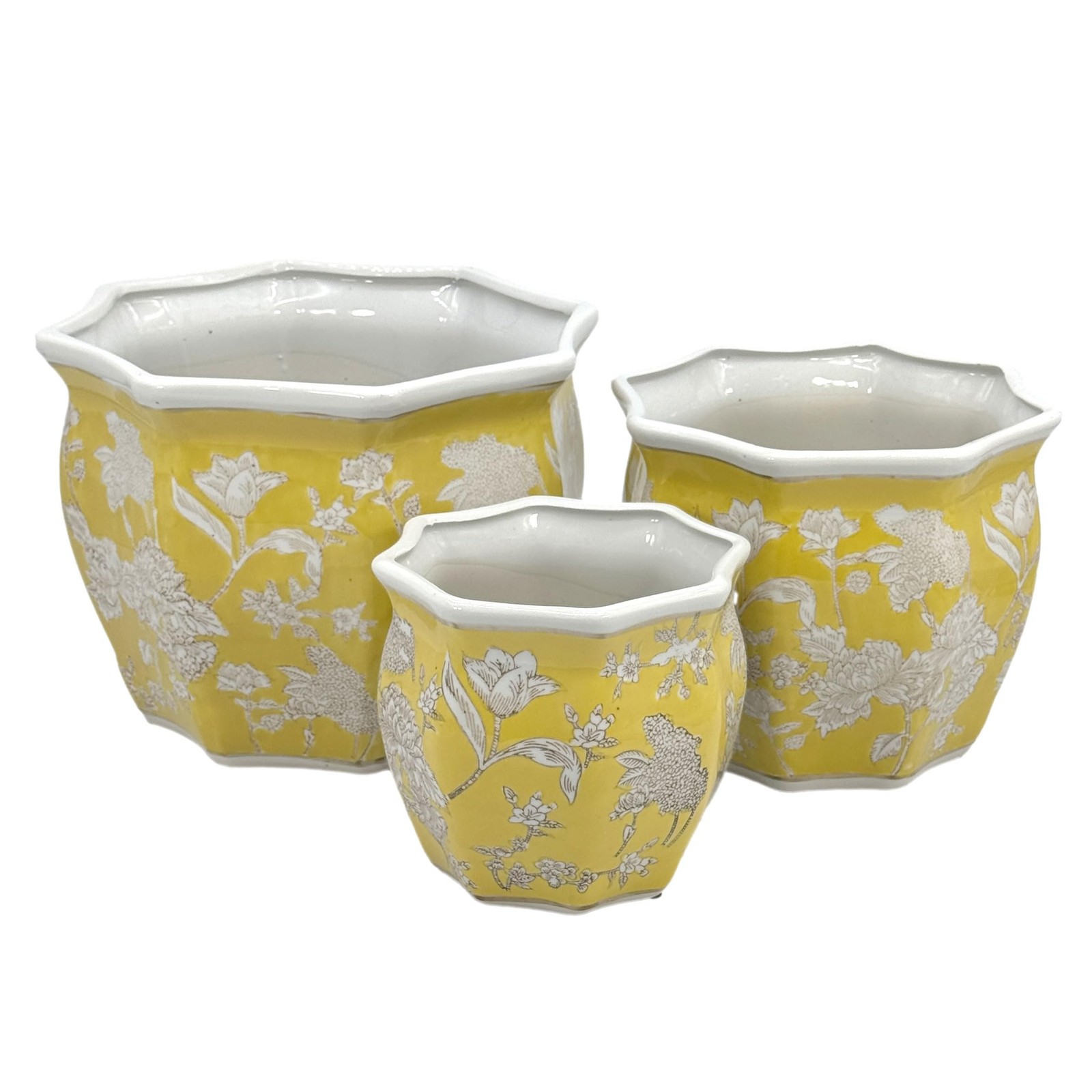 Galt International Yellow & White Fluted Porcelain Planter Set of 3 (7.5"-13")