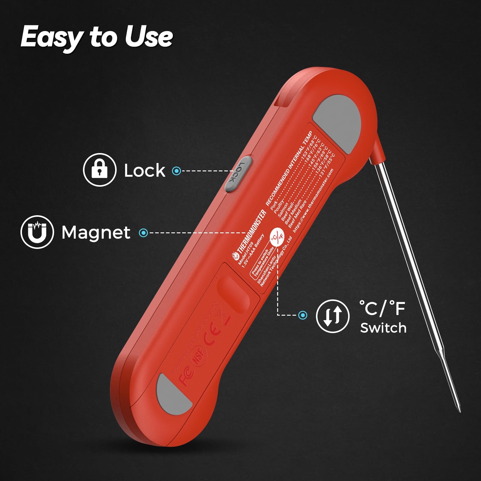 0.5 Sec Instant Read Meat Thermometer Digital for Cooking, Red