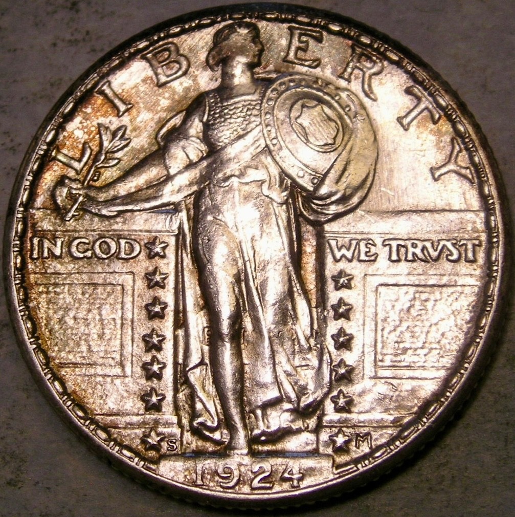 1924 S LIBERTY STANDING SILVER QUARTER CRISP GORGEOUS TONER SCARCE TOUGHER DATE