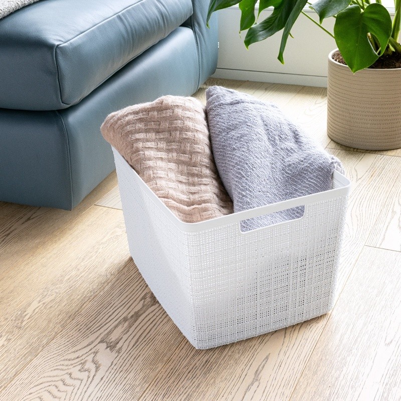 Decorative Jute Storage Basket Rectangular Resin Organizing Bins W/ Handles Home