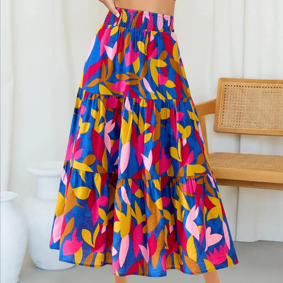 Women's Floral Print Midi Elastic High Waist Crimp Skirt