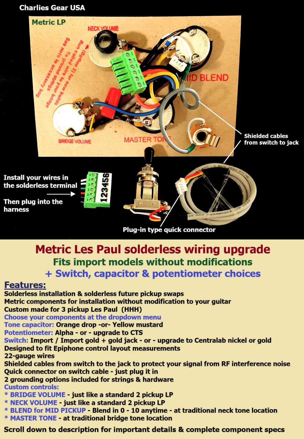 Les Paul Solderless 3 PICKUP METRIC Wiring Upgrade for Imports +Component Choice