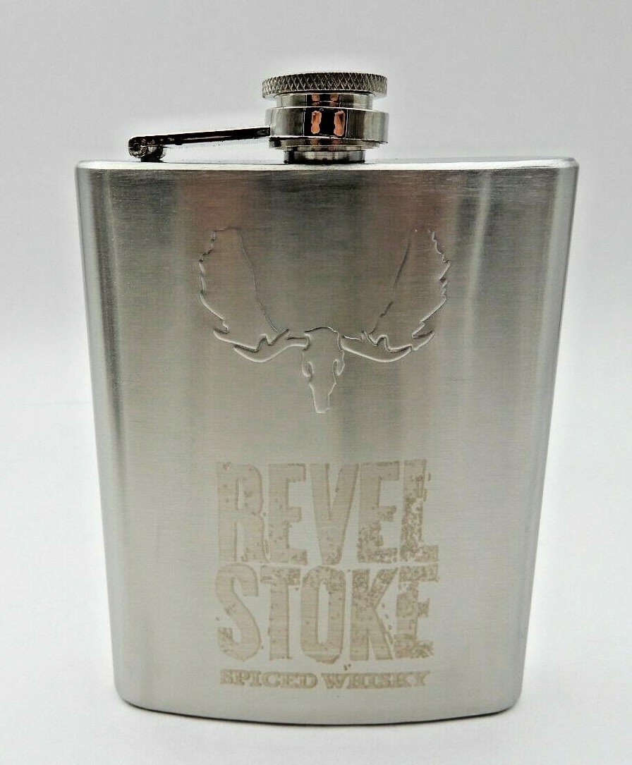 REVEL STOKE SPICED WHISKY STAINLESS LIQUOR FLASK WITH BULL MOOSE SPOUT