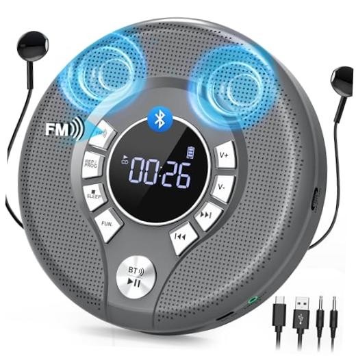 Portable CD Player with Bluetooth, FM Transmitter for Car Home Use | Grey