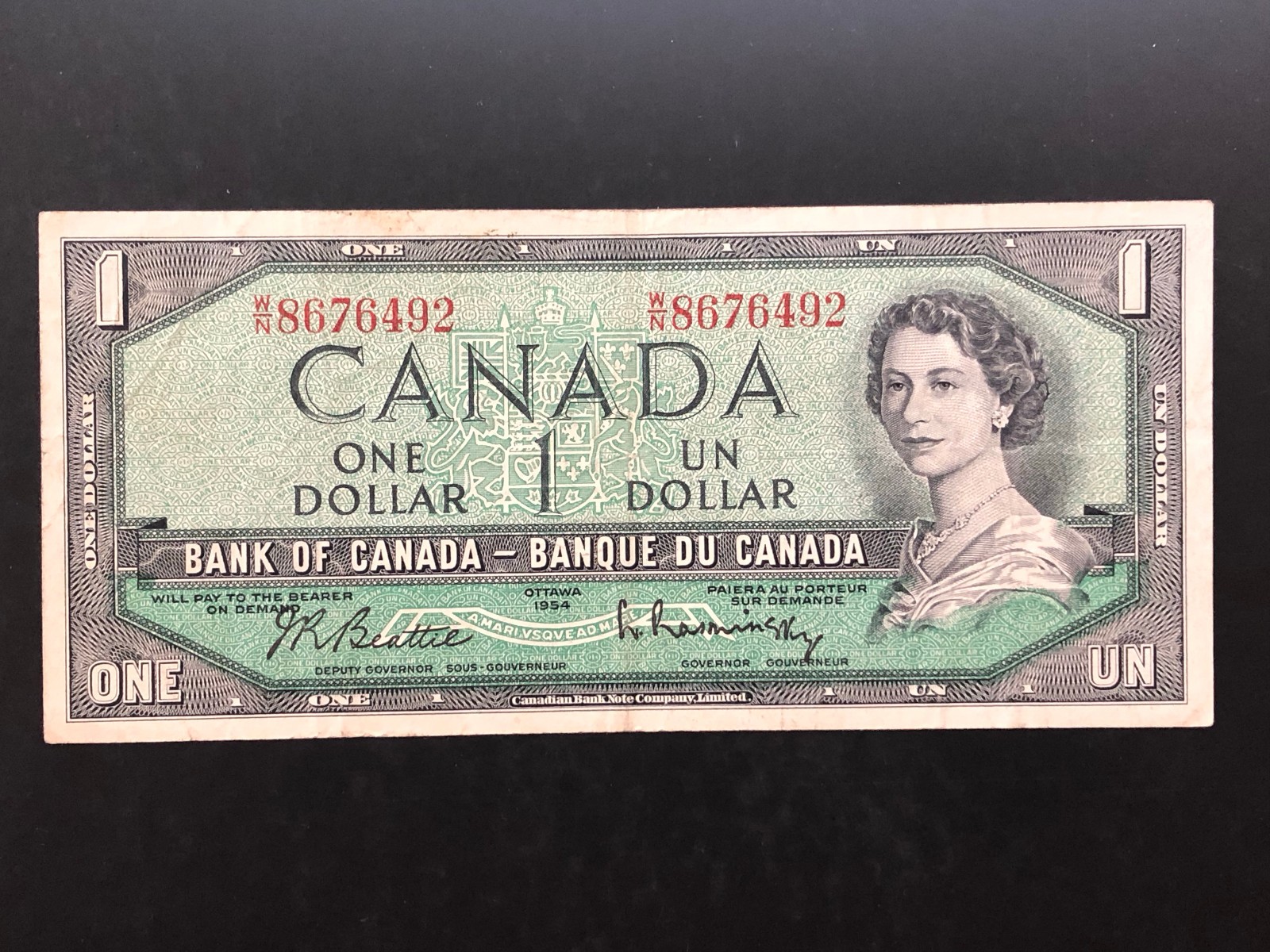 1954 Canada One Dollar Banknote Currency - Circulated good condition