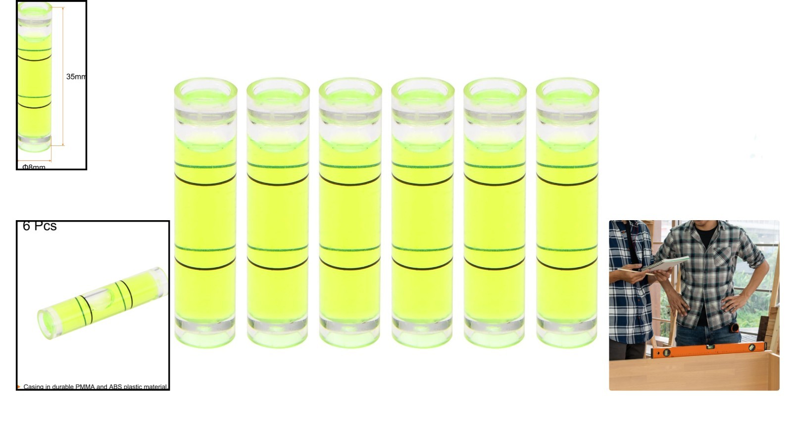 6pcs Small Cylindrical Bubble Level Vials 8x35mm PMMA Mini Horizontal Bubble ...