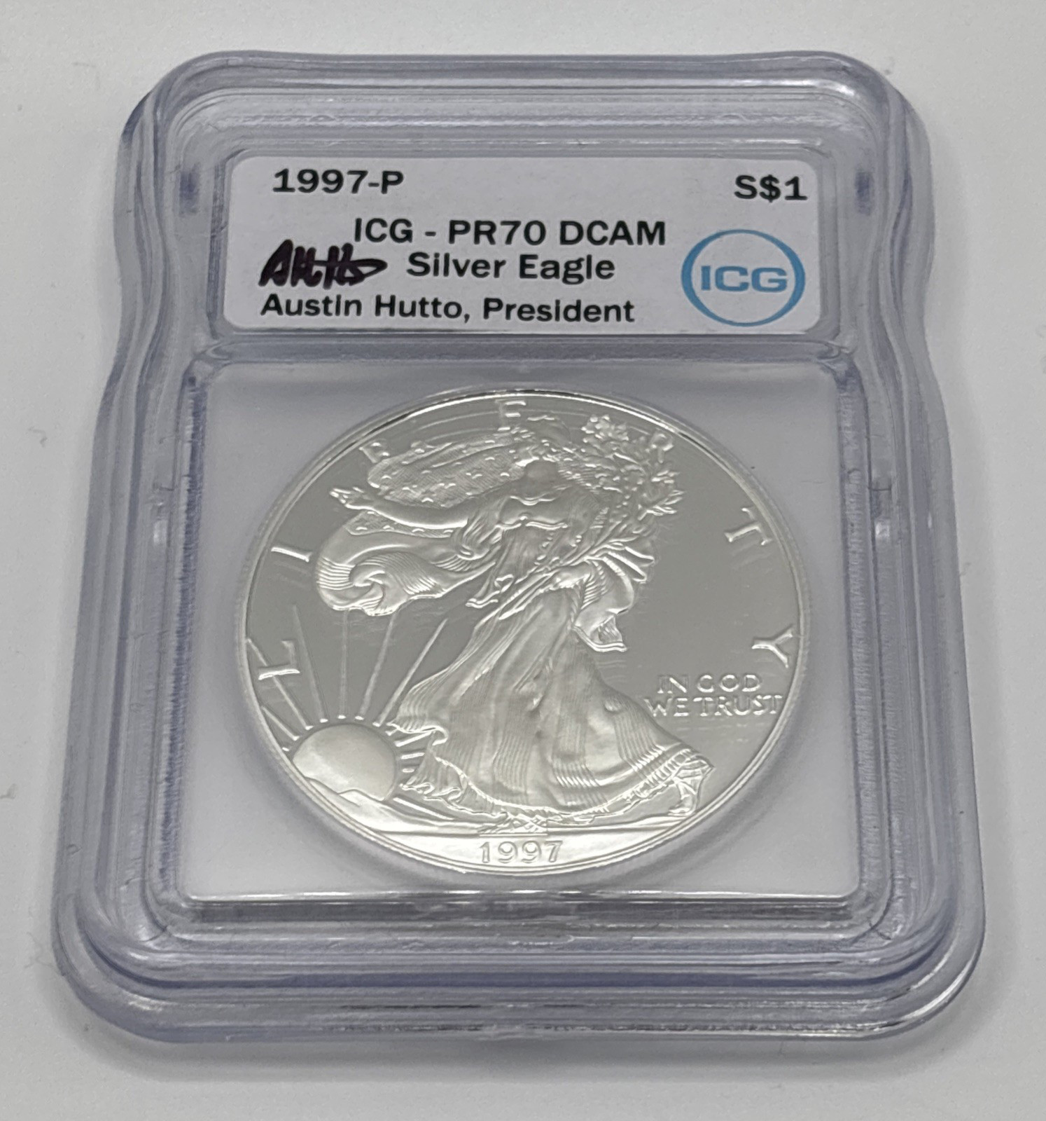 1997 P $1 American Silver Eagle 1oz ICG PR70DCAM Austin Hutto Signed