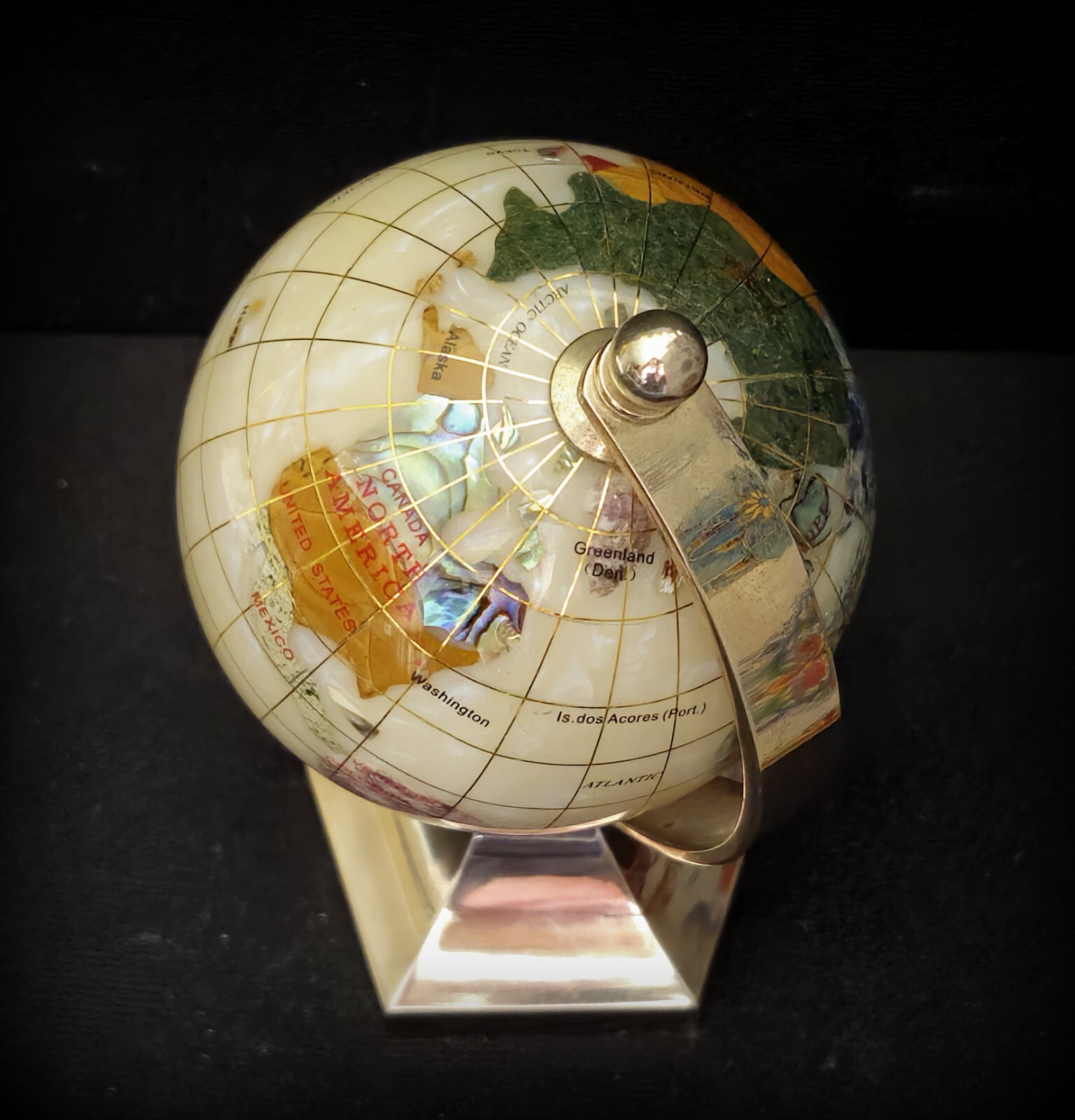 Inlay Gemstone Globe 3" White Opal Ocean