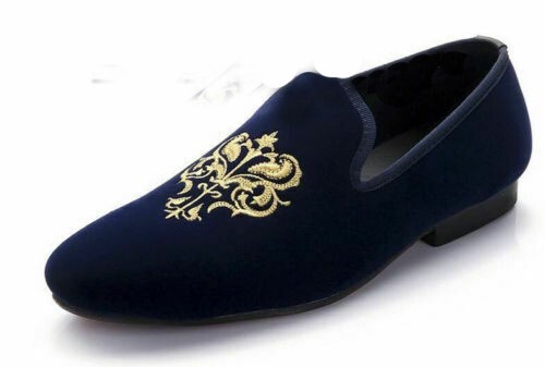 Men's Handmade Blue Velvet Embroidered Loafers & Slip On Party Shoes Sizes 7-17