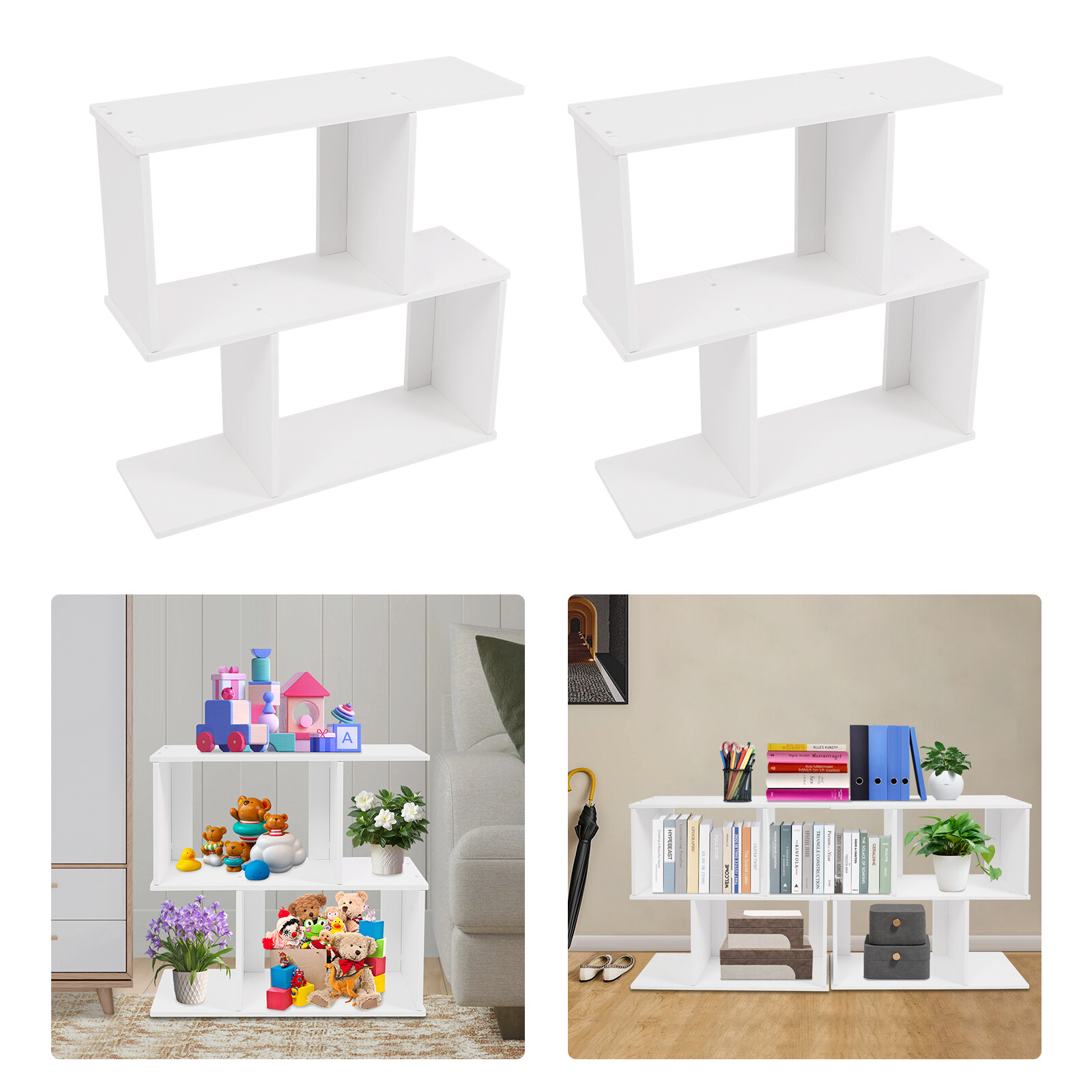 2* 2-Tier Geometric Bookshelf 24*8*24.6inch Z-Shaped Display Open Shelf Bookcase