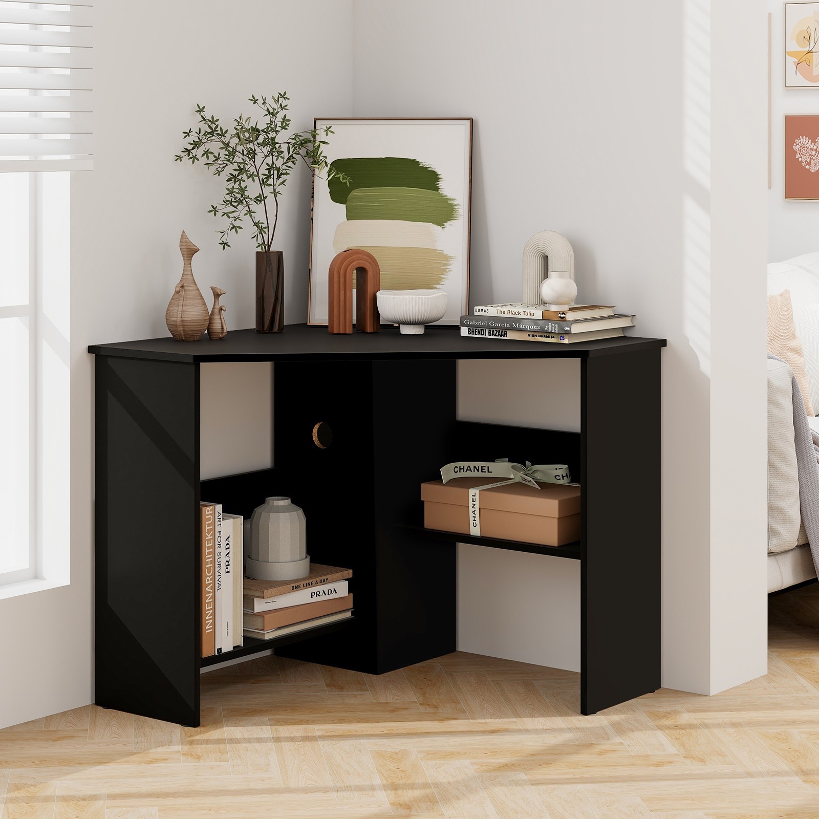 Triangle Writing Workstation Corner Computer Desk w/ Storage Shelf Black