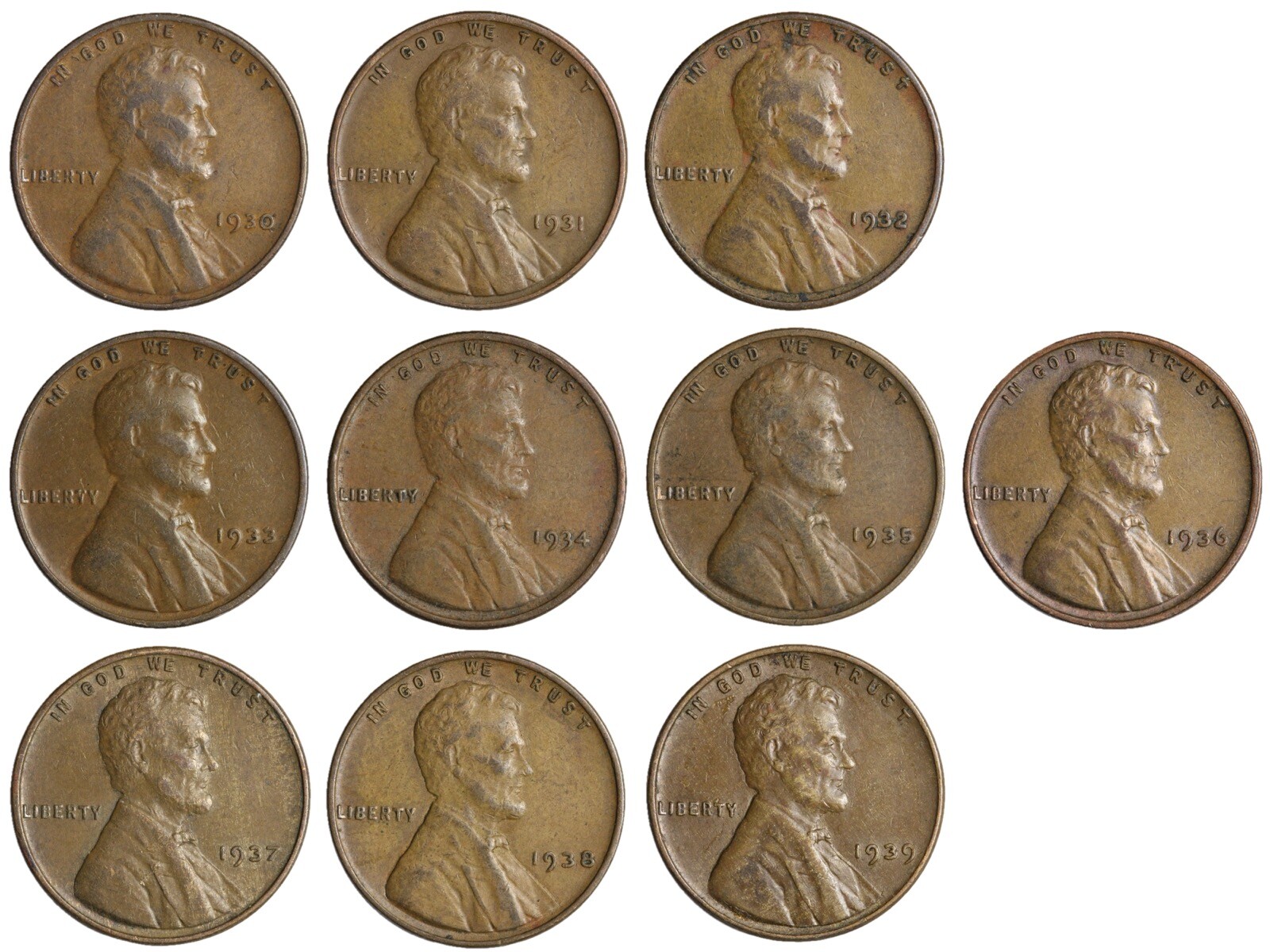 F/VF 1930-1939 LINCOLN WHEAT CENTS "P" MINT ONLY! 10 COINS F/VF**