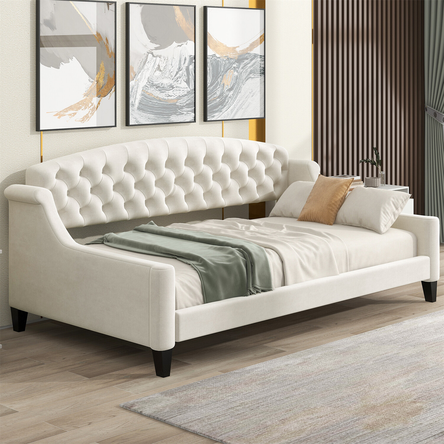 Twin Size Daybed Velvet Upholstered Bed Frame Sofa Bed for Bedroom Beige/Gray