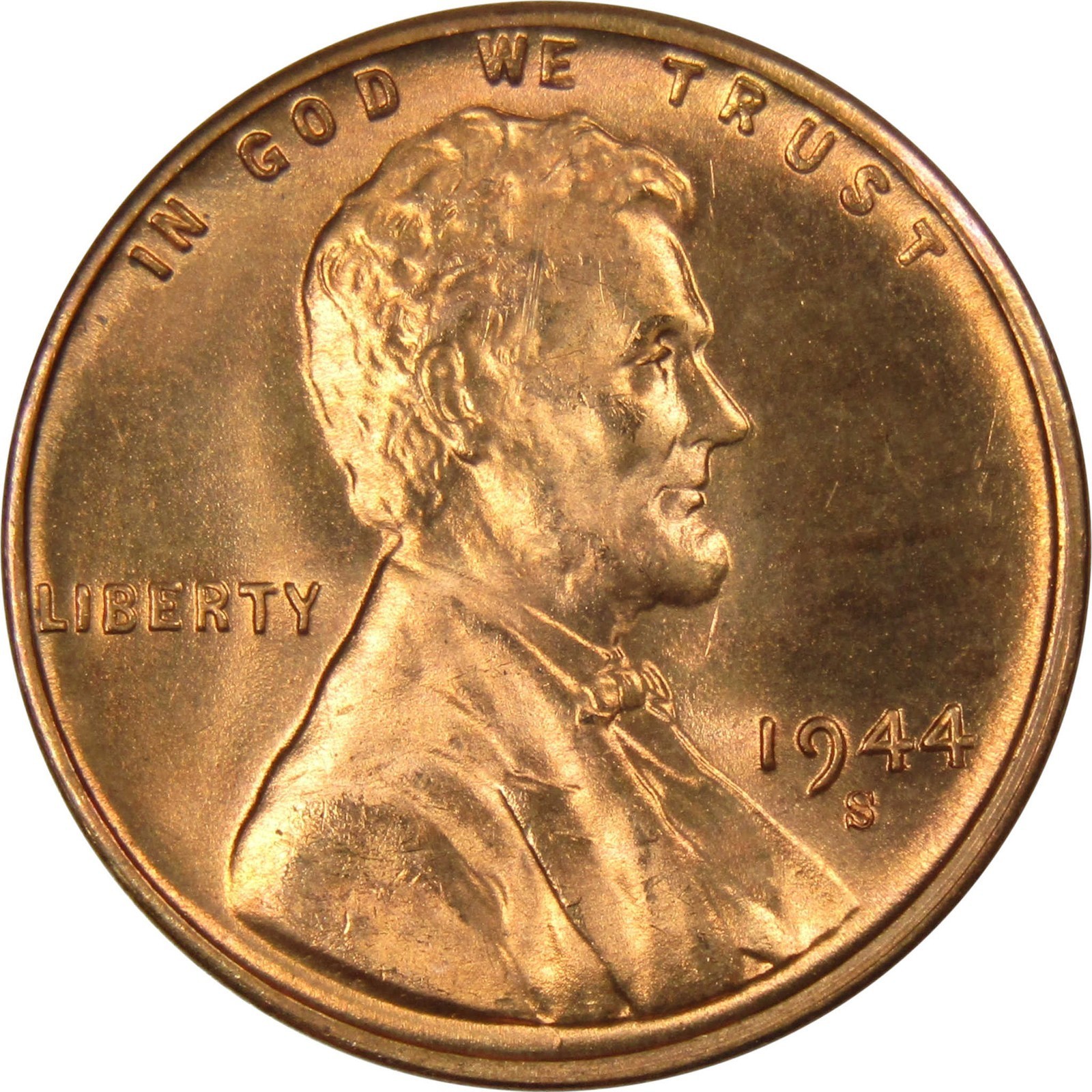 ✅  1944-S BU Uncirculated Lincoln Wheat Cent Choice RED Coin From OBW Bank Roll