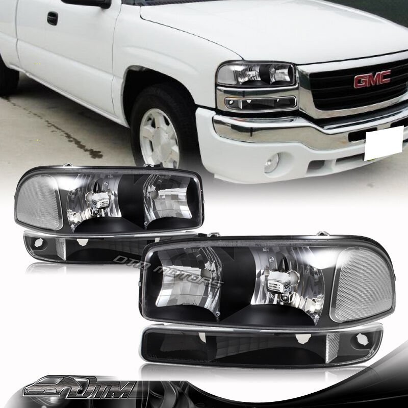 For 99-06 GMC Sierra 1500 2500 Black Headlights+Bumper+Clear Reflector Lamps