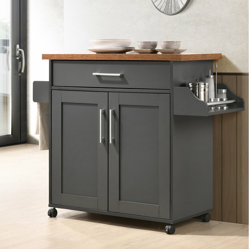 Gray Oak Kitchen Trolley Cart Island Wheel Storage Prep Table Utility Cabinet