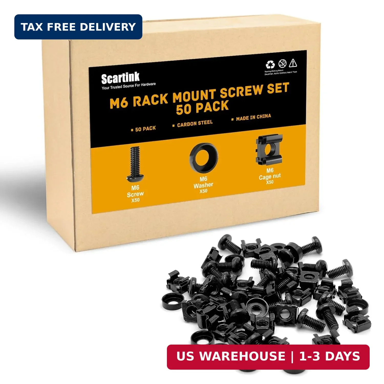 50 Pack M6 Rack Mount Cage Nuts, Screws and Washers Rack Screws Square Insert Nu