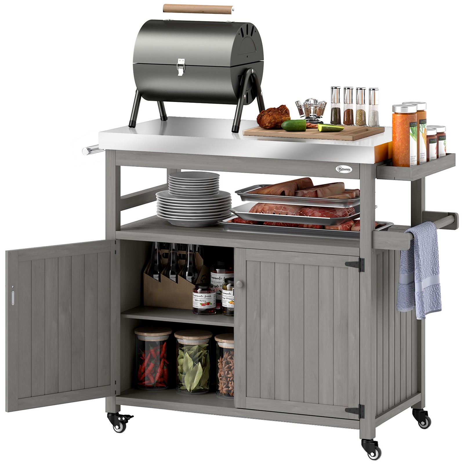 Outsunny Grill Cart, Kitchen Island with Storage Cabinets, Gray