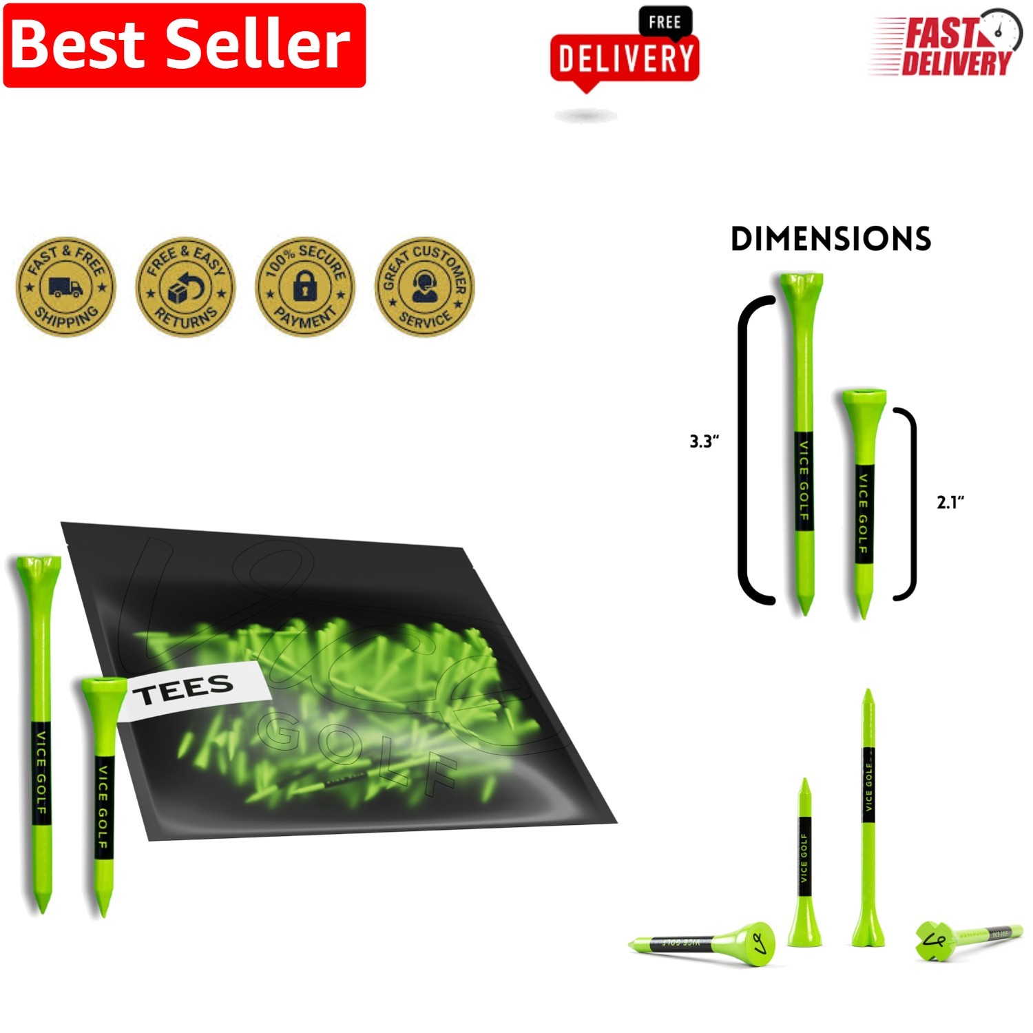 Complete Set of Golf Tees: 60 Driver & 15 Short Tees with Resealable Packaging