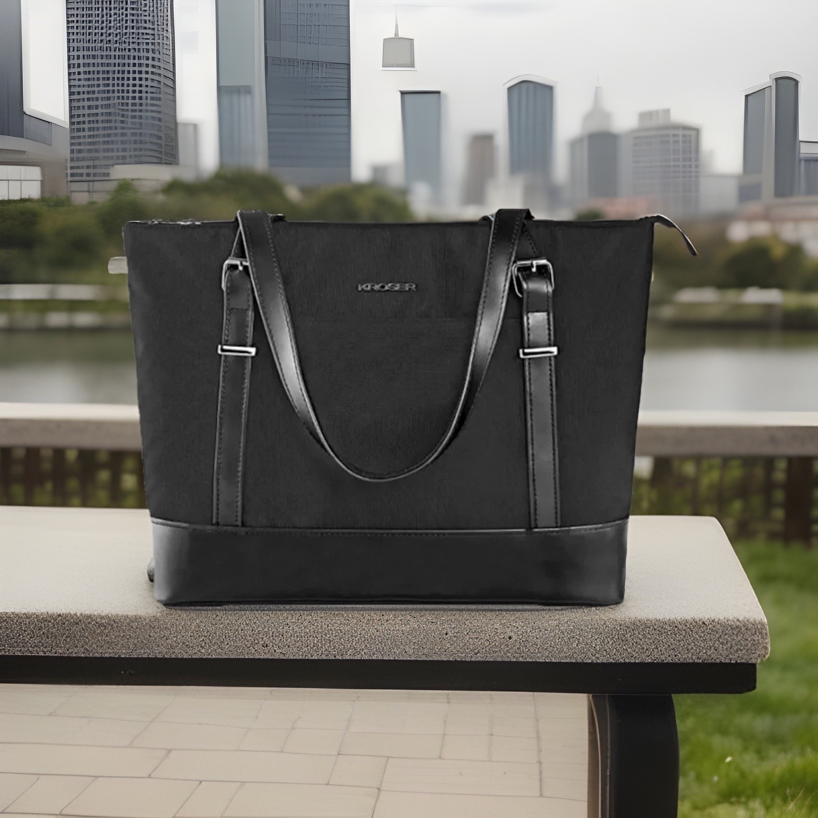 NEW KROSER Large Black Water Repellant 15” Laptop Computer Tote Bag USB Port