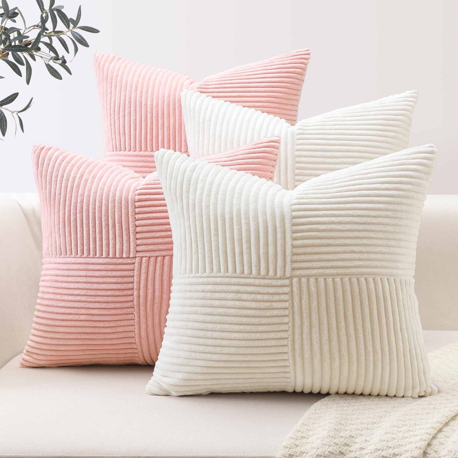 OTOSTAR Set of 4 Decorative Throw Pillow Covers 16x16 Inch Striped Corduroy S...