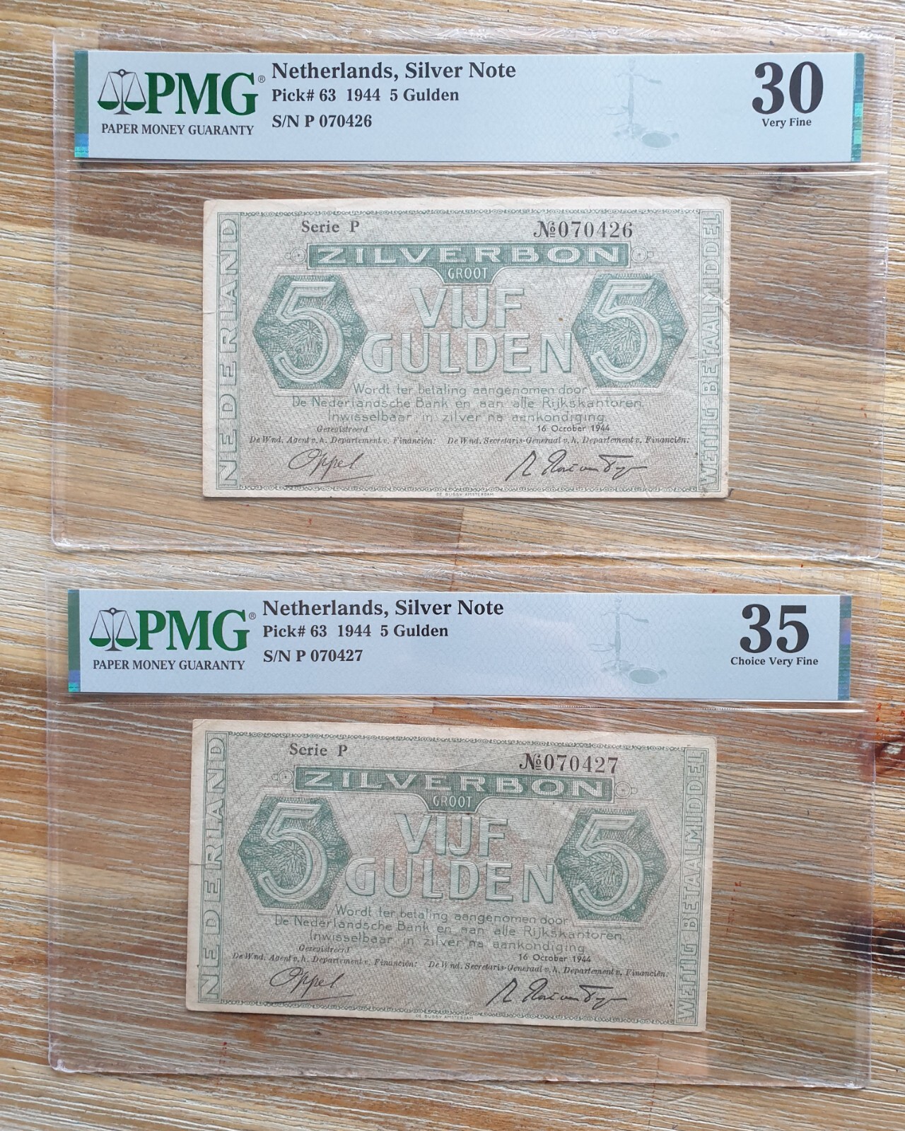 Netherlands Silver Note 5 gulden 1944 PMG consecutive banknote