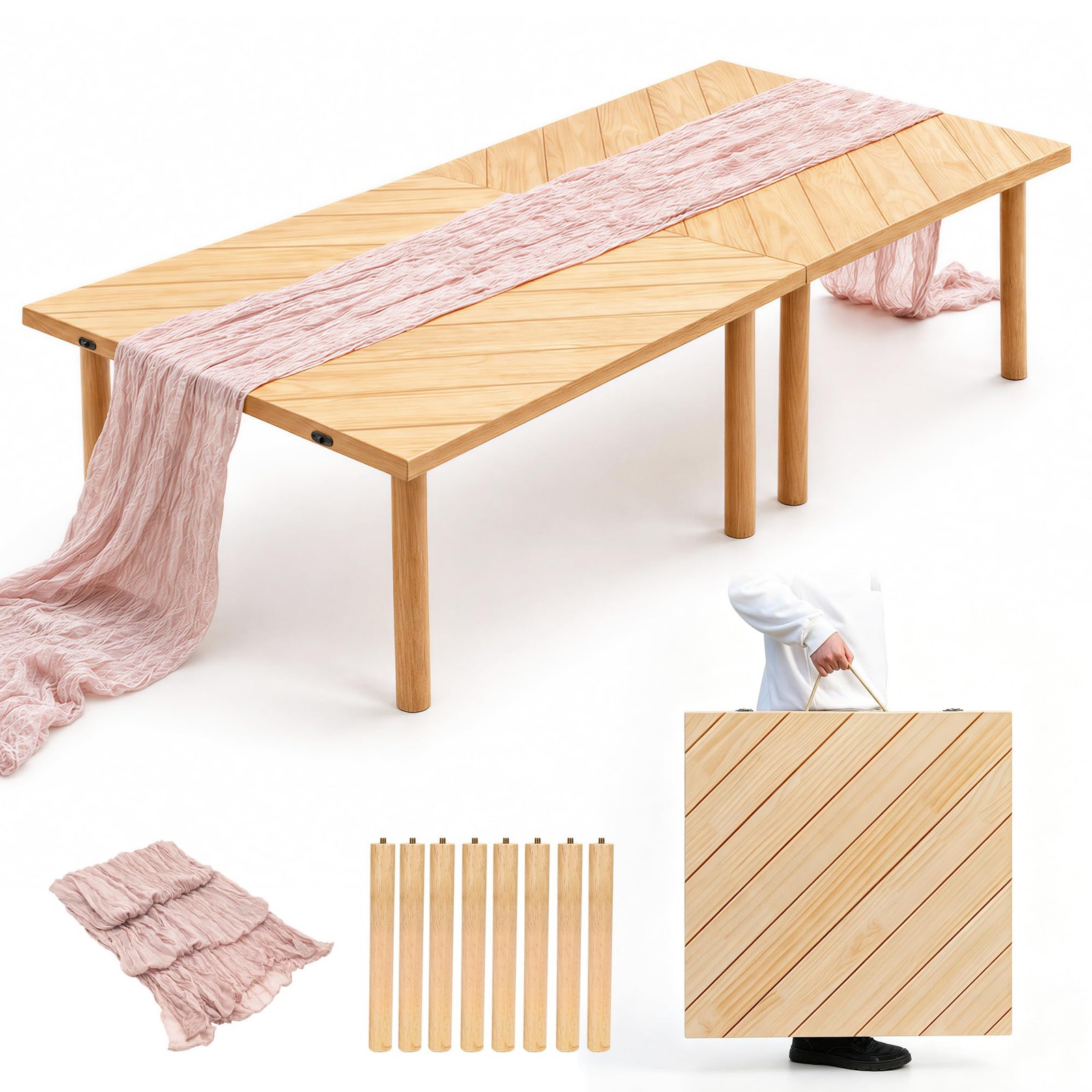 LITURTOO Folding Picnic Table for Indoor 60" x 30" x 15.7", Natural Wood