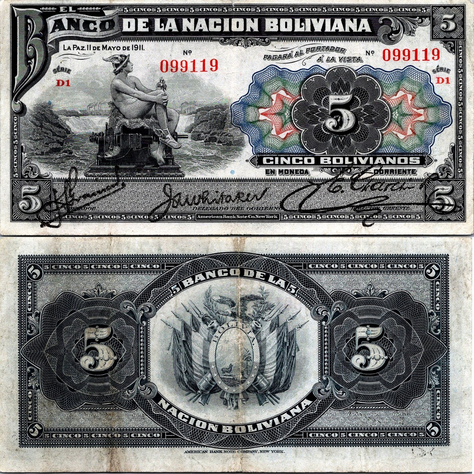 Bolivia 5 Bolivianos 1911 Pick# 105B CVF-XF