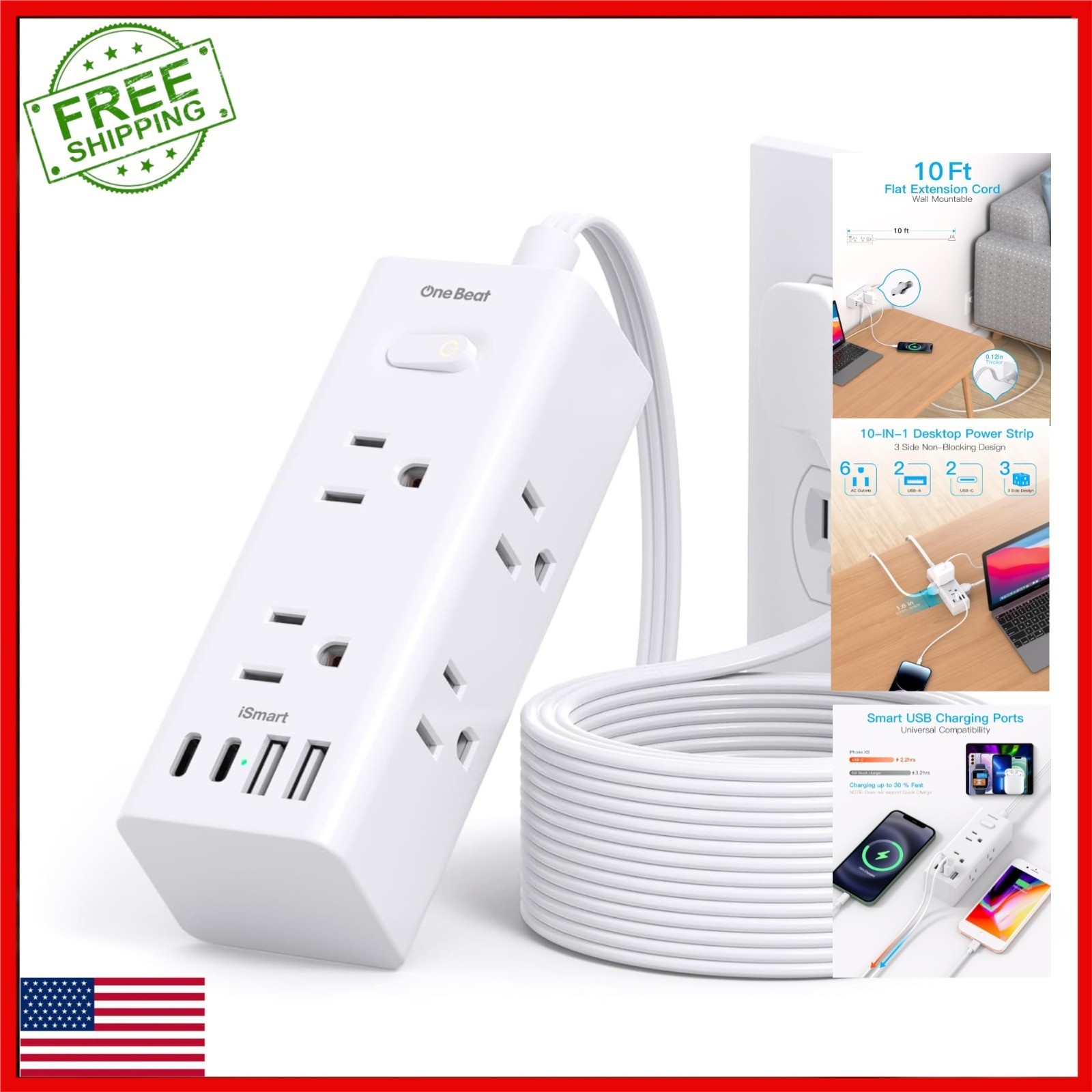One Beat 10Ft Extension Cord Power Strip with 6 Outlets & 4 USB Ports
