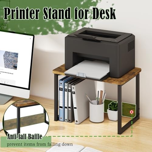 Printer Stand with Storage for Desk, Desktop Printer Stand 2 Tier Rustic Brown