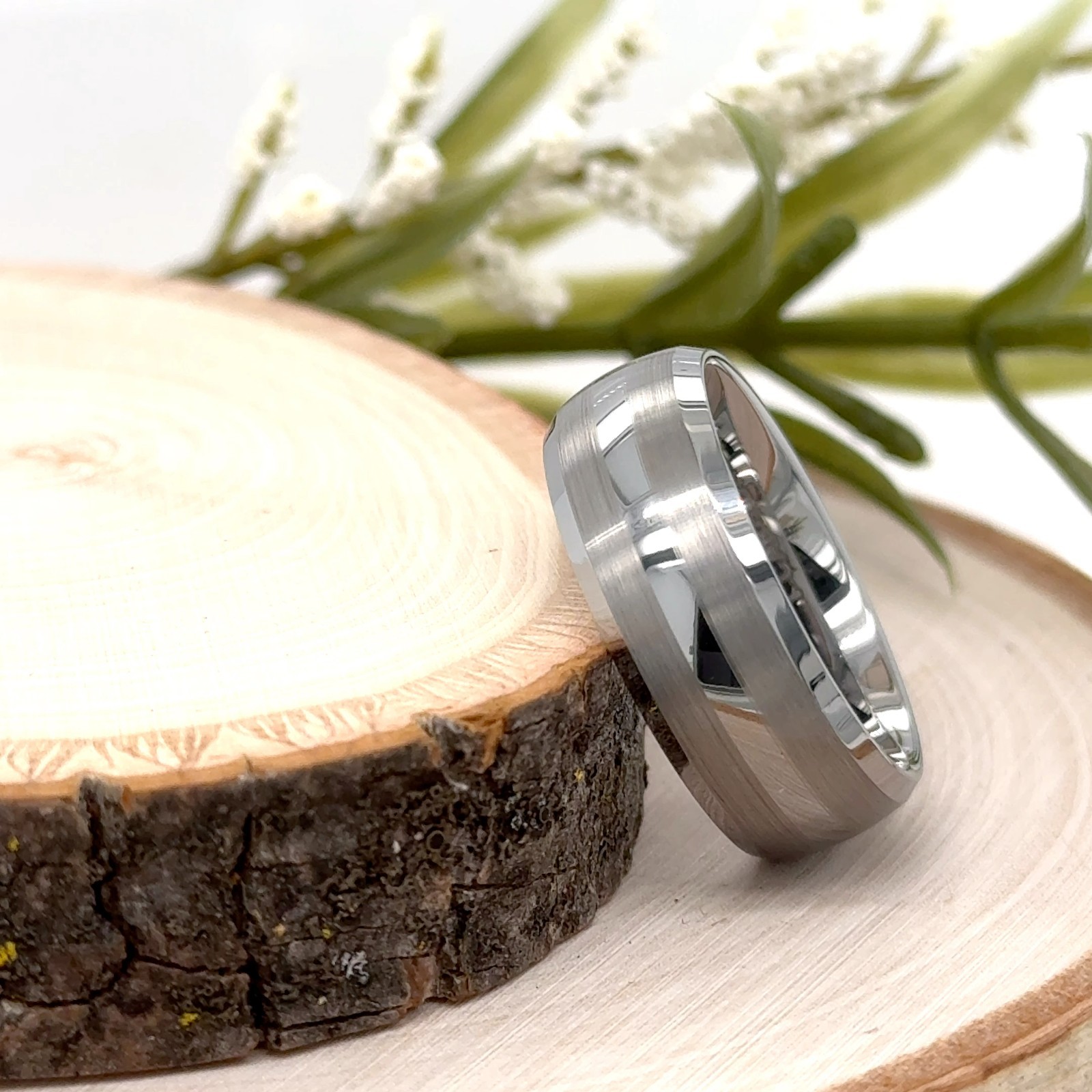 8MM Silver Tungsten Proposal Ring Brushed Stripes Polished Finish Christmas Band