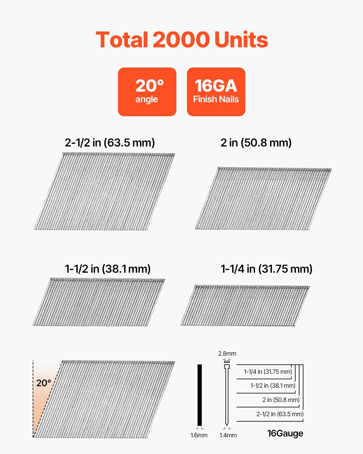 VEVOR 16 Gauge Finish Nails, 20-Degree Angled Finishing Nails, 2000-Count (2-1/2