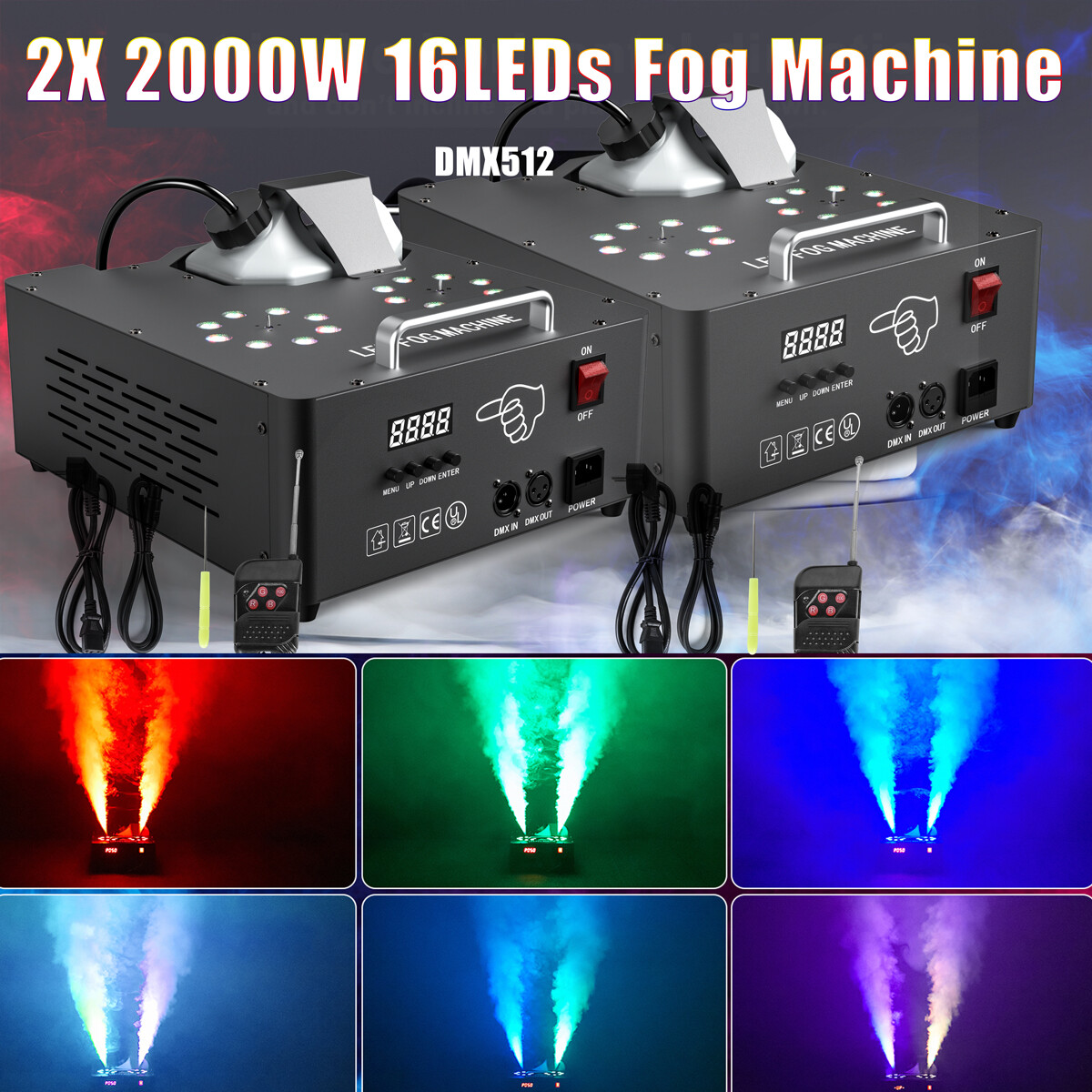 2x 2000W Fog Machine Vertical Upspray RGB 16LEDs Stage Smoke Fogger with Remote