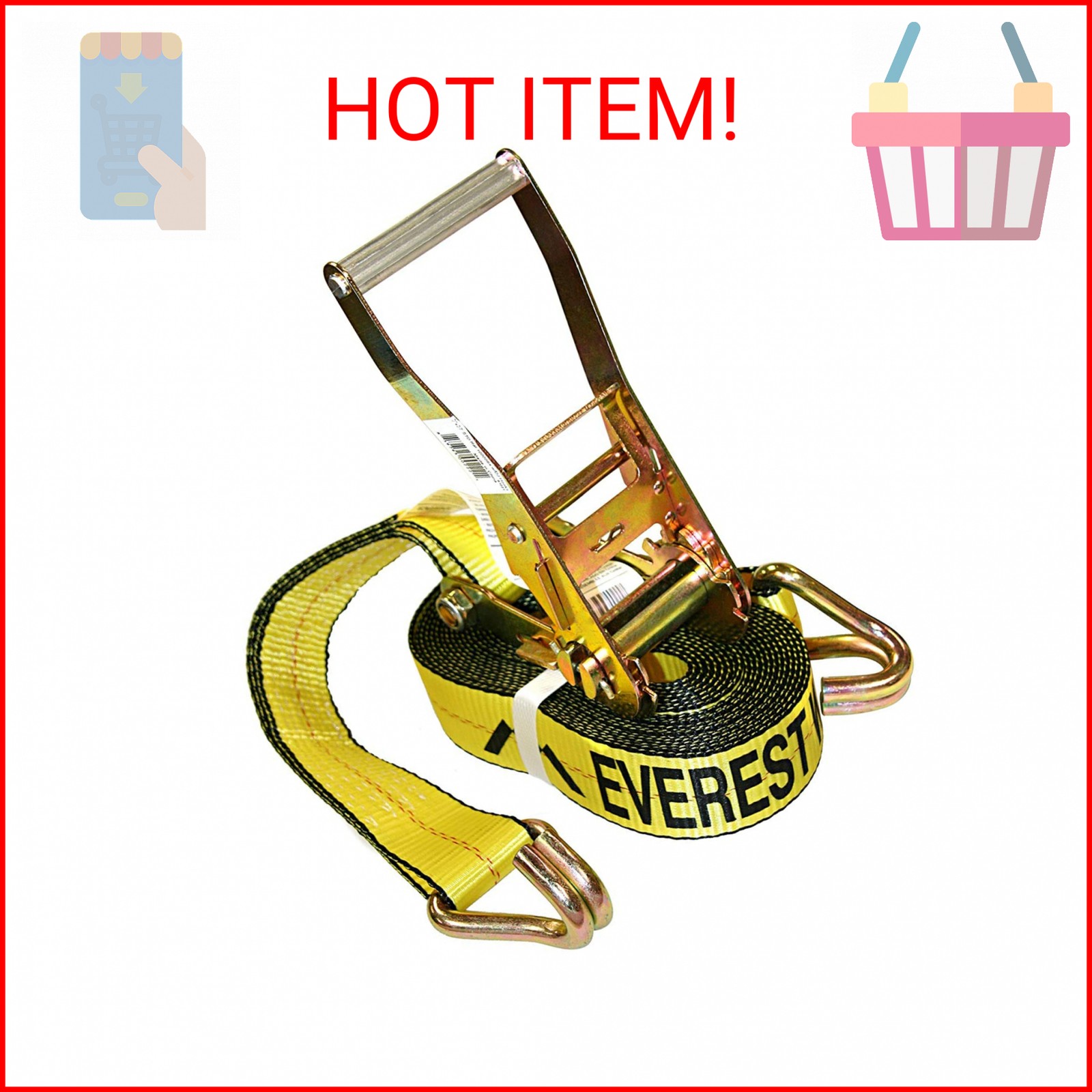 Everest Premium Ratchet Tie Down – 1 PK – 2 IN – 27 FT – 3333 LBS Working Load –