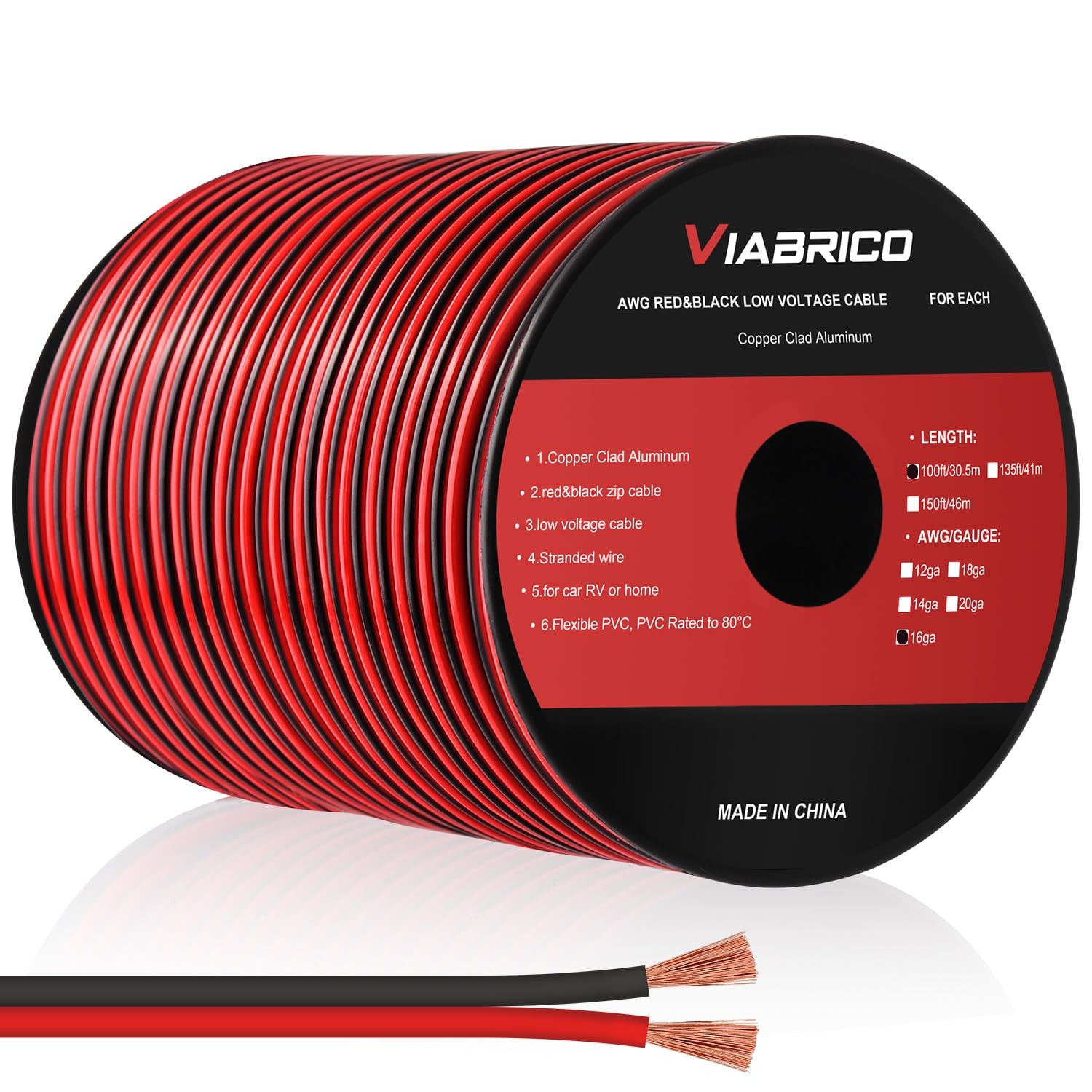 16 Gauge Wire, 16AWG Automotive Wire Electrical 16AWG-100FT, Red&Black
