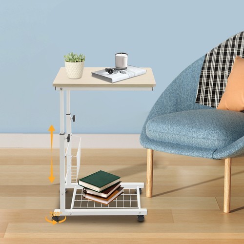 Height Adjustable Side Table With Wheels 2 Tier C Shaped Mobile Standalone Table